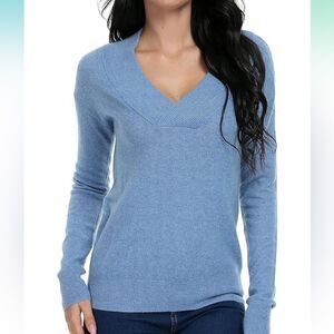 Oshlen V-Neck Blue Long Sleeve Sweater Soft Cashmere Wool Size L